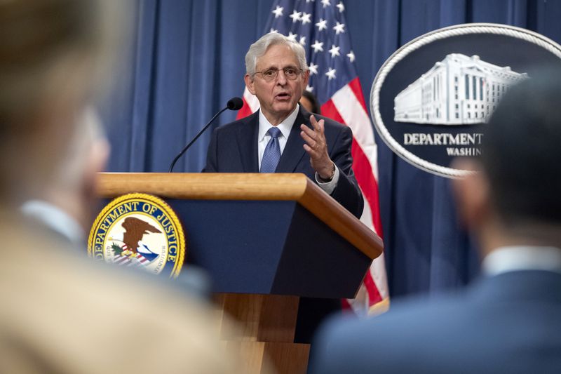 Attorney General Merrick Garland speaks during a news conference at the Department of Justice, Tuesday, Sept. 24, 2024, in Washington. (AP Photo/Mark Schiefelbein)