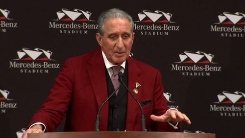 Arthur Blank speaking at a news conference Wednesday.
