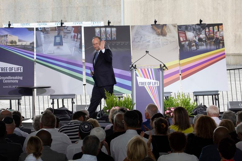 Second gentleman Doug Emhoff waves after giving remarks during the groundbreaking ceremony for the new Tree of Life complex in Pittsburgh, Sunday, June 23, 2024. The new structure is replacing the Tree of Life synagogue where 11 worshipers were murdered in 2018 in the deadliest act of antisemitism in U.S. history. (AP Photo/Rebecca Droke)