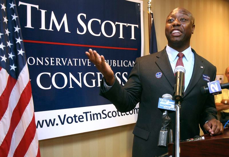 FILE - Republican candidate for the 1st District, Rep. Tim Scott speaks an election night gathering, June 8, 2010, in North Charleston, S.C. Scott's life has been a series of people offering a hand that helped him get ahead. Now the senator from South Carolina waits to see if former President Donald Trump gives him another boost and makes him the vice presidential nominee. (Brad Nettles/The Post And Courier via AP, File)