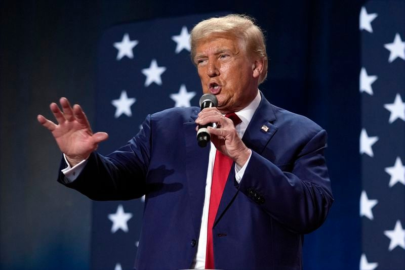 FILE - Republican presidential nominee former President Donald Trump speaks at a campaign town hall Friday, Oct. 4, 2024, in Fayetteville, N.C. (AP Photo/Evan Vucci, File)