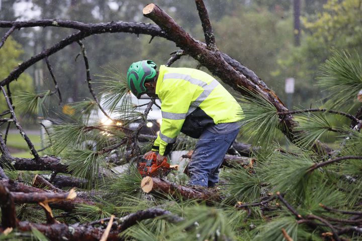 Clean-up crews are working to clear storm debris, including pine trees, in a neighborhood on the north side of Valdosta amid Tropical Storm Debby on Monday, August 5, 2024.
(Miguel Martinez / AJC)