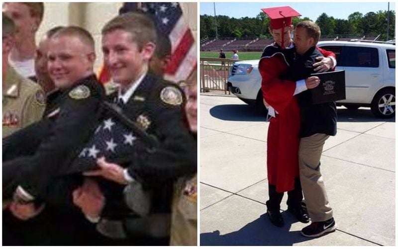 In the photo on the right, Dennis Piecuch hugs Garrett Harris at Harris’ Allatoona High School graduation. In the photo on the left, Jack “Deacon” Harris (left) poses with Piecuch. (Photos courtesty of Dennis Piecuch.)