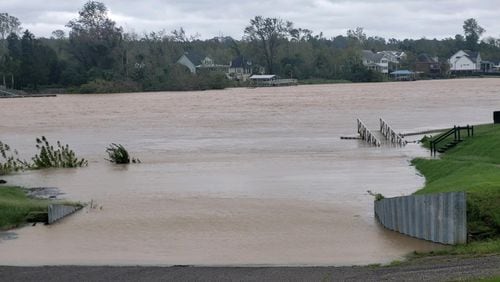 The Savannah River that divides Georgia and South Carolina at a flood stage after Hurricane Helene made its way through Augusta overnight.