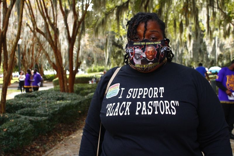 Thea Brooks, the aunt of Ahmaud Arbery, wears a T-shirt supporting Black pastors following inflammatory comments from attorney Kevin Gough.