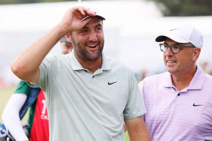 Scottie Scheffle reacts after winning the Tour Championship at East Lake Golf Club, Sunday, Sept. 1, 2023, in Atlanta. 
(Miguel Martinez / AJC)