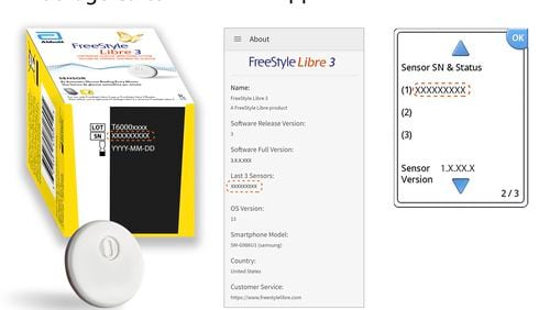 This image provided by Abbott shows how to identify the lot or serial number on a FreeStyle Libre 3 glucose monitors to determine whether the sensor inside is one of those being recalled by the company, Wednesday, July 24, 2024. The medical device maker said some sensors on its FreeStyle Libre 3 system may incorrectly report high blood sugar levels, prompting patients to take insulin when they don’t need it. (Abbott via AP)