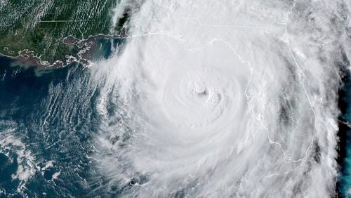 This GOES-16 GeoColor satellite image taken at 5:46 p.m. EDT and provided by National Oceanic and Atmospheric Administration (NOAA) shows Hurricane Helene in the Gulf of Mexico moving towards Florida, Thursday, Sept. 26 2024. (NOAA via AP)