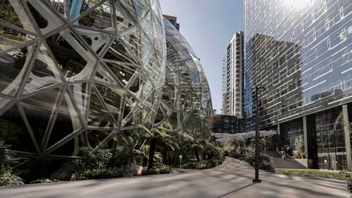 FILE - The Amazon campus outside the company headquarters in Seattle is shown on March 20, 2020. (AP Photo/Elaine Thompson, File)