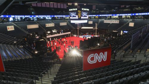 The Spin Room is shown at the Media Filing Center at McCamish Pavilion. Later Thursday, President Joe Biden and former President Donald Trump face off during their first presidential debate at CNN.