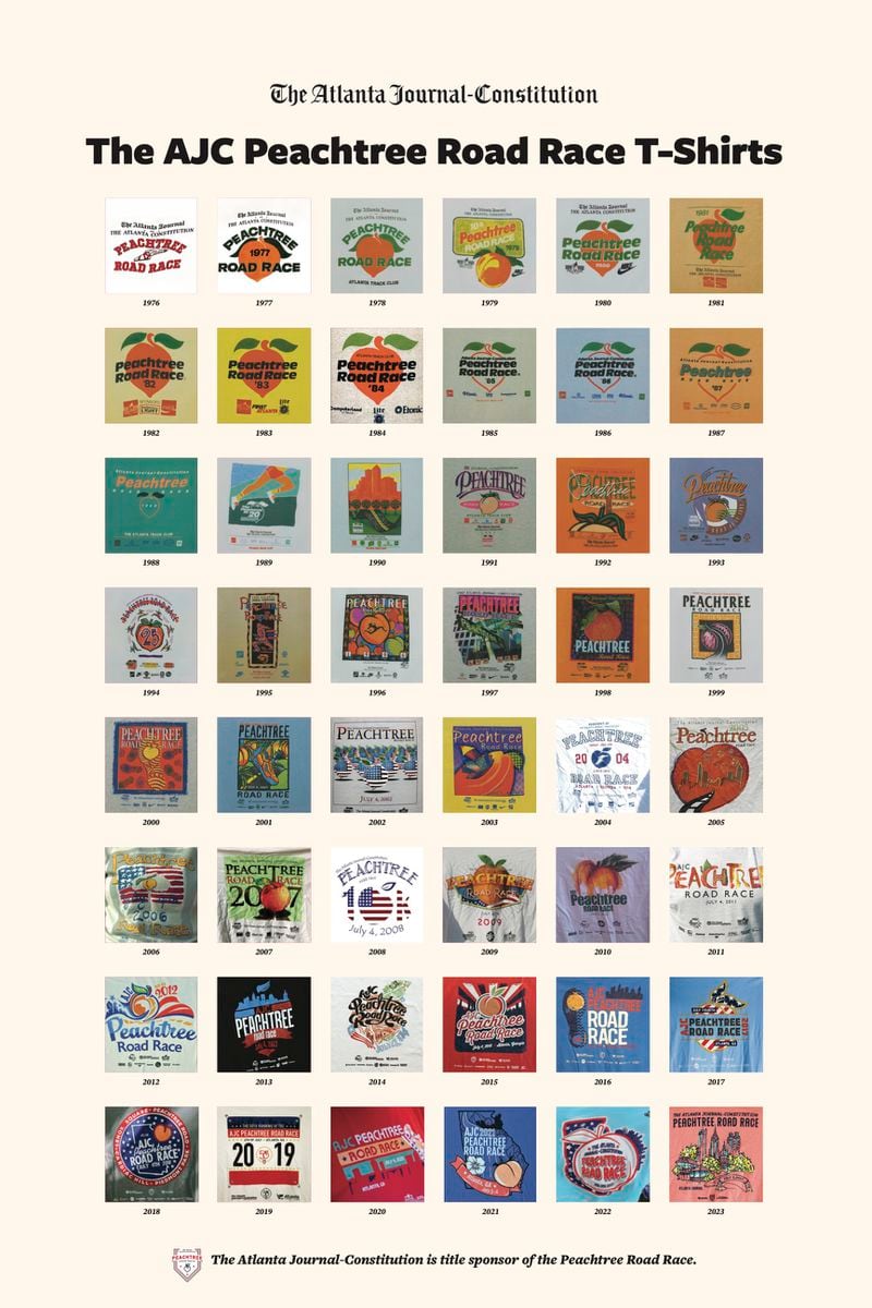 The Atlanta Journal-Constitution's exclusive keepsake poster celebrates five decades of Peachtree Road Race T-shirts.