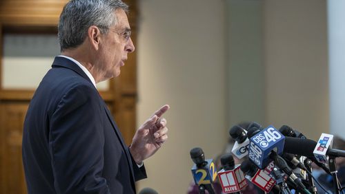 Georgia Secretary of State Brad Raffensperger makes remarks during an election update briefing at the Georgia State Capitol in Atlanta, Friday, November 6, 2020. (Alyssa Pointer / Alyssa.Pointer@ajc.com)