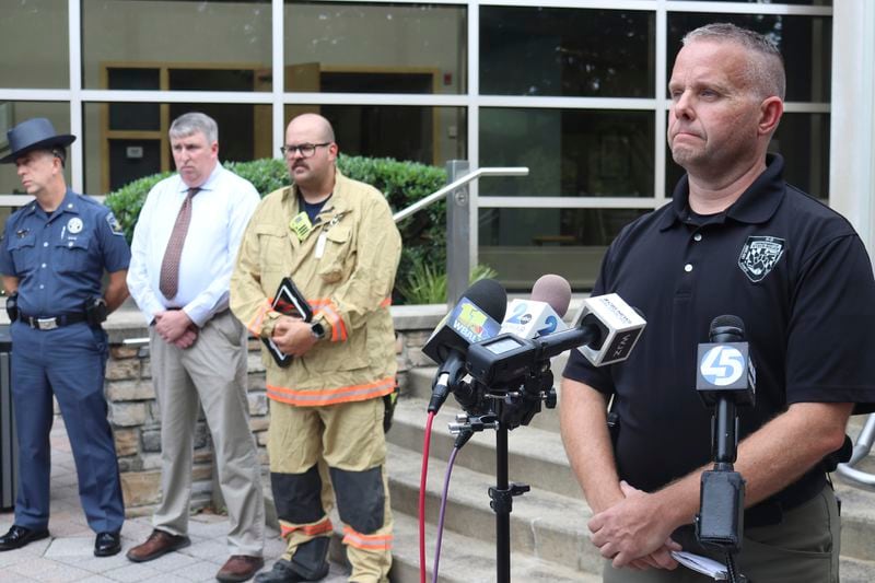 Oliver Alkire, a spokesman at the Maryland State Fire Marshal's Office, talks about a house explosion in Bel Air, Md., on Sunday, Aug. 11, 2024 during a news conference. (AP Photo/Brian Witte)