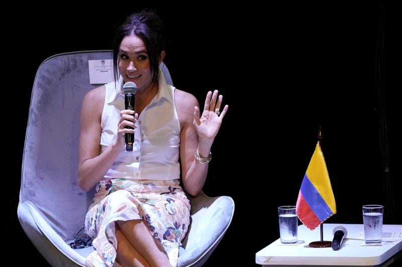 Meghan Markle, Prince Harry's wife, speaks during a forum on Afro women and power in Cali, Colombia, Sunday, Aug. 18, 2024. (AP Photo/Ivan Valencia)