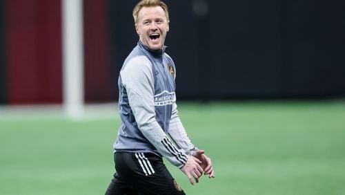 Atlanta United midfielder Dax McCarty reacts during training camp at Mercedes-Benz Stadium, Tuesday, January 16, 2024, in Atlanta. (Jason Getz / Jason.Getz@ajc.com)