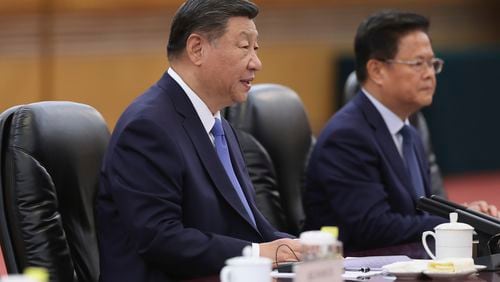 Chinese President Xi Jinping, center, meets with Malaysian King Sultan Ibrahim Sultan Iskandar at the Great Hall of the People in Beijing, China, Friday, Sept. 20, 2024. (Lintao Zhang/Pool Photo via AP)