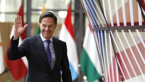 Netherland's Prime Minister Mark Rutte waves as he arrives for an EU summit in Brussels, Thursday, June 27, 2024. European Union leaders are expected on Thursday to discuss the next EU top jobs, as well as the situation in the Middle East and Ukraine, security and defence and EU competitiveness. (AP Photo/Geert Vanden Wijngaert)