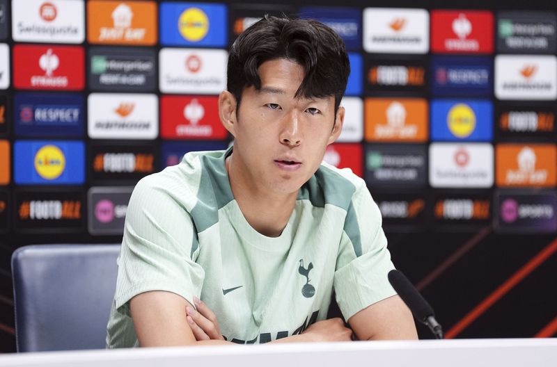 Tottenham Hotspur's Son Heung-Min, speaks during a press conference, at Hotspur Way Training Ground, in London, Wednesday, Sept. 25, 2024, ahead of their Europa League soccer match against Qarabağ FK on Thursday. (Zac Goodwin/PA via AP)