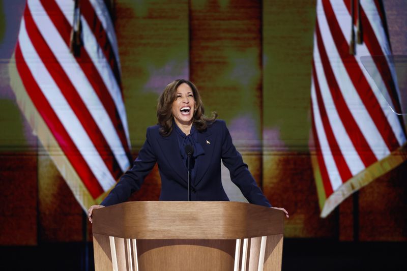 Democratic presidential nominee Vice President Kamala Harris speaks during the Democratic National Convention Thursday, Aug. 22, 2024, in Chicago. (Gabrielle Lurie/San Francisco Chronicle via AP)