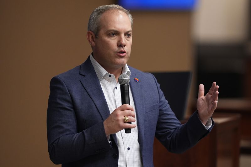 Southwest Airlines Ryan Green responds to questions during a news conference at the company's headquarters in Dallas, Thursday, Sept. 26, 2024. (AP Photo/Tony Gutierrez)