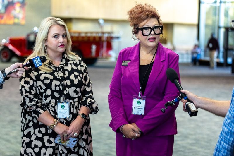 Rebecca Anglin, left, and Paulding County Election Director Deidre Holden speak with reporters during a training session Tuesday at the Public Safety Training Center in Forsyth. Abuse and harassment aimed at the Paulding election office since the 2020 election include a profanity-laden bomb threat. “That was when it became a reality to me,” Holden said. “OK, there are some crazy people in this world.” (Steve Schaefer / AJC)