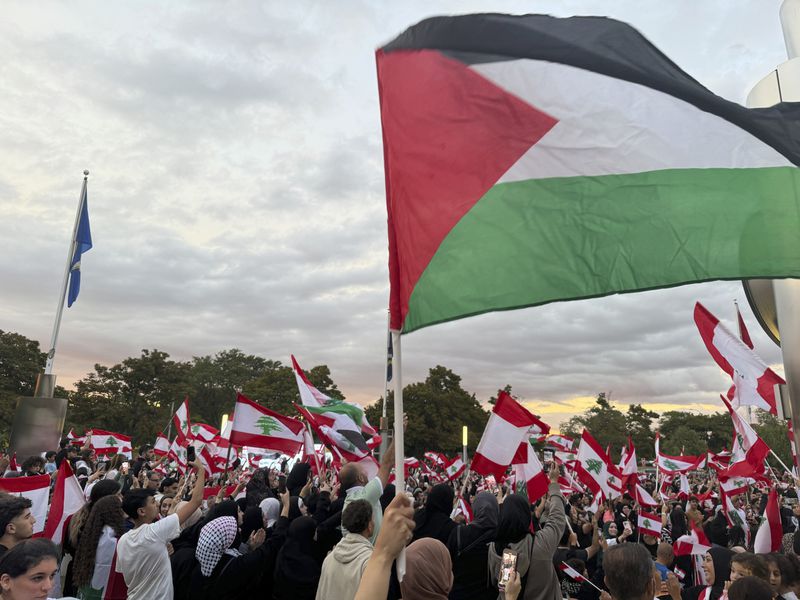 Hundreds of Lebanese and Palestinian flags are flown throughout a crowd in Dearborn, Mich. on Wednesday, Sept. 25, 2024 as people attend a rally to show their support for Lebanon as the conflict in the Middle East escalates. (AP Photo/Joey Cappelletti)