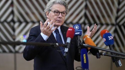 FILE - European Commissioner for Internal Market Thierry Breton speaks with the media as he arrives for a meeting of EU foreign and defense ministers at the European Council building in Brussels, on Nov. 14, 2023. (AP Photo/Virginia Mayo, File)