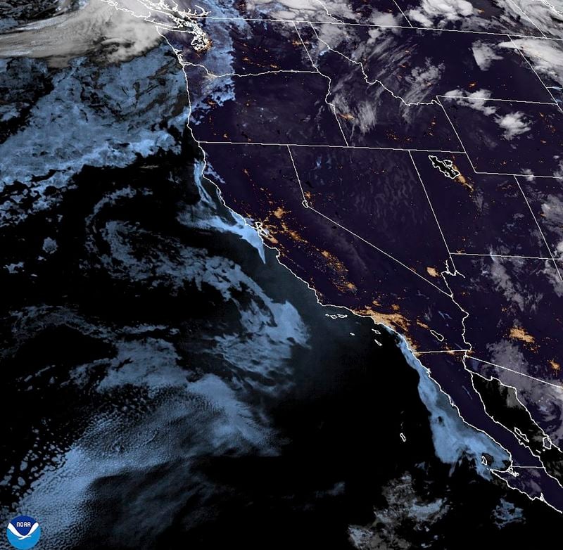 This satellite image provided by NOAA shows Hurricane Gilma located west-southwest of the southern tip of the Baja California peninsula of Mexico, Wednesday, Aug. 21, 2024. (NOAA via AP)