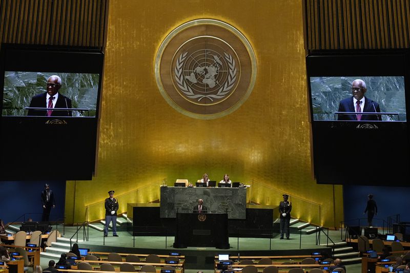 The president of Haiti's transitional presidential council, Edgard Leblanc Fils, addresses the 79th session of the United Nations General Assembly, Thursday, Sept. 26, 2024, at U.N. headquarters. (AP Photo/Frank Franklin II)