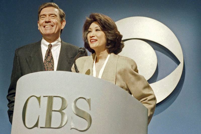 FILE - Dan Rather and Connie Chung share the podium at a news conference in New York, May 17, 1993 where it was announced Chung will join Rather as co-anchor of the "CBS Evening News." Chung will take up her new duties on June 1. (AP Photo/Marty Lederhandler, File)