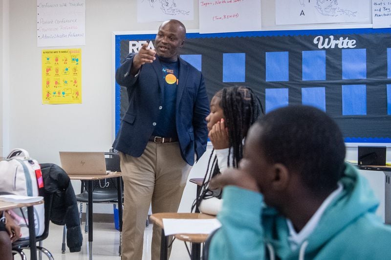 Superintendent Bryan Johnson interacts with students at Sylvan Hills Middle School on the first day of class.