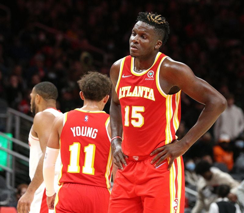 Hawks center Clint Capela reacts during the fourth period while falling 132-126 to the Houston Rockets in a NBA basketball game on Monday, Dec 13, 2021, in Atlanta.   Curtis Compton / Curtis.Compton@ajc.com`