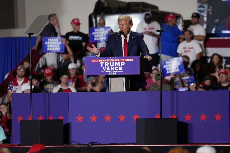 Republican presidential nominee former President Donald Trump speaks at a campaign rally Sunday, Sept. 29, 2024, in Erie, Pa. (AP Photo/Matt Rourke)