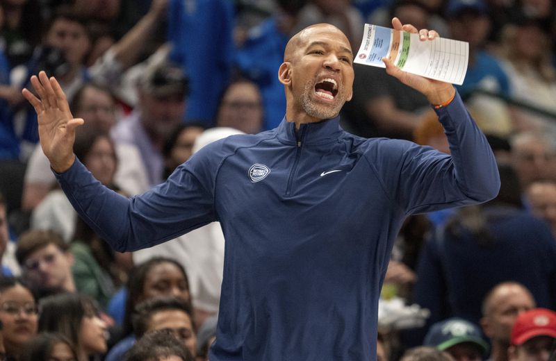 FILE - Detroit Pistons head coach Monty Williams yells to his team during the first half of an NBA basketball game against the Dallas Mavericks, Friday, April 12, 2024, in Dallas. The Detroit Pistons have fired coach Monty Williams after just one season, a person with knowledge of the decision told The Associated Press on Wednesday, June 19.(AP Photo/Jeffrey McWhorter, File)