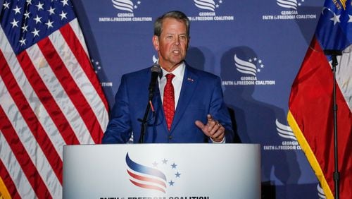 Georgia Gov. Brian Kemp deliver his remarks on Monday, September 16, 2024, during Georgia Faith & Freedom Coalition’s annual dinner at Cobb Galleria Centre in Atlanta.
(Miguel Martinez / AJC)