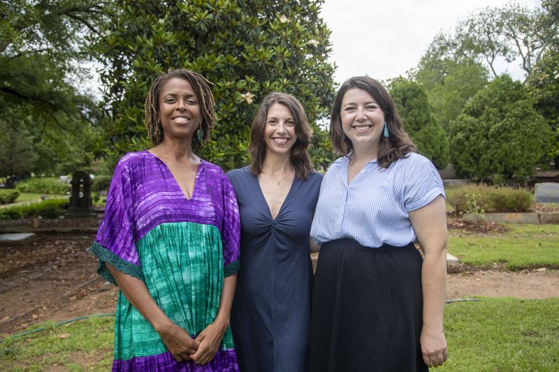 Artist Charmaine Minnifield (from left); Anne Archer Dennington, executive director of Flux Projects; and Marcy Breffle, education manager for the Historic Oakland Foundation are working together to bring "Praise House" to Oakland Cemetery. Alyssa Pointer / Alyssa.Pointer@ajc.com