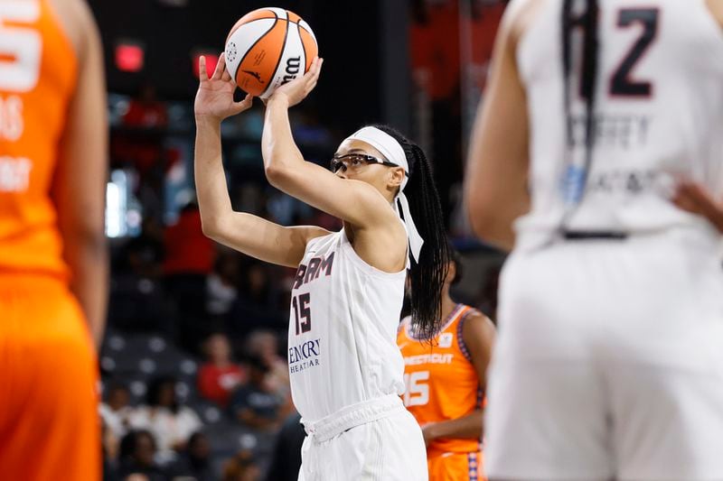 Dream guard Allisha Gray attempts a free throw in a June game. Miguel Martinez / miguel.martinezjimenez@ajc.com 