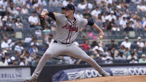 Atlanta Braves' Max Fried pitches during the second inning of a baseball game against the New York Yankees, Sunday, June 23, 2024, in New York. (AP Photo/Pamela Smith)