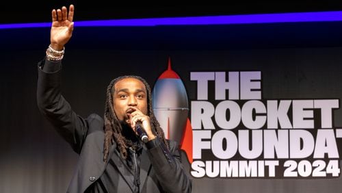 Hip-hop star Quavo’s speaks at his summit to stop gun violence at the Carter Center in Atlanta on Tuesday, June 18, 2024. (Arvin Temkar / AJC)