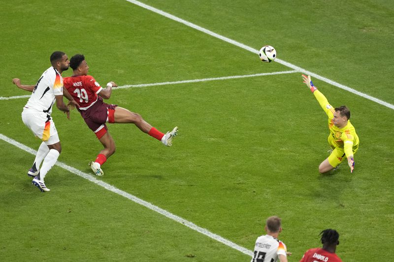 Switzerland's Dan Ndoye, second left, scores his side's opening goal past Germany's goalkeeper Manuel Neuer during a Group A match between Switzerland and Germany at the Euro 2024 soccer tournament in Frankfurt, Germany, Sunday, June 23, 2024. (AP Photo/Michael Probst)