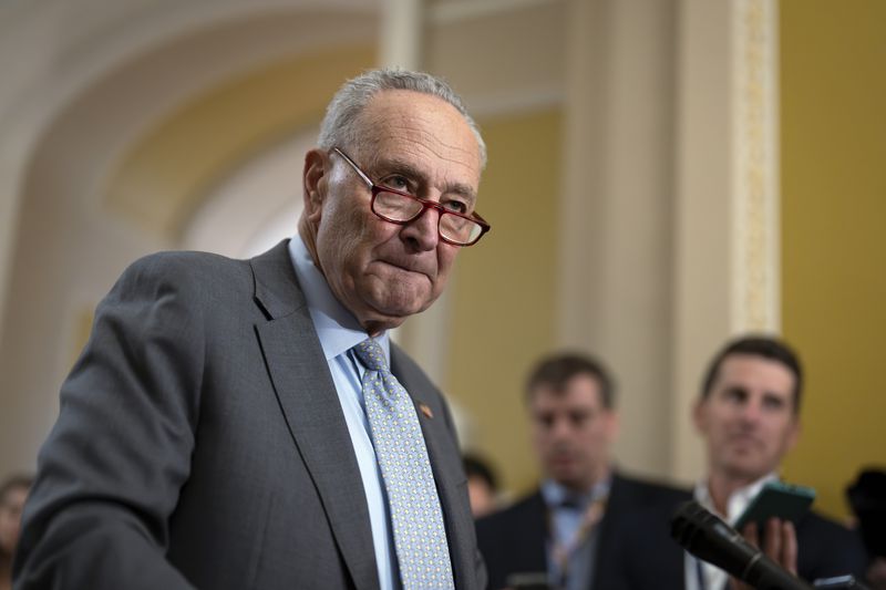 Senate Majority Leader Chuck Schumer, D-N.Y., speaks with reporters at the Capitol in Washington, Tuesday, Sept. 24, 2024. (AP Photo/J. Scott Applewhite)