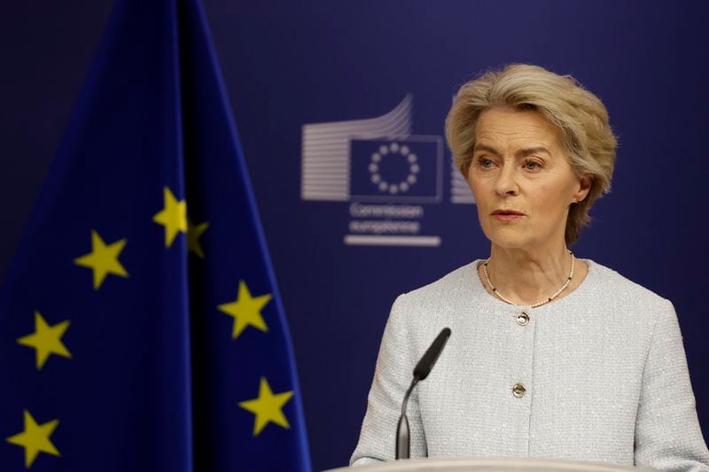 European Commission President Ursula von der Leyen speaks during a meeting with Britain's Prime Minister Keir Starmer in Brussels, Wednesday, Oct. 2, 2024.(AP Photo/Omar Havana)