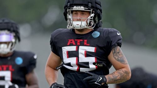 080122 Flowery Branch, Ga.: Atlanta Falcons linebacker Nate Landman (55) during training camp at the Falcons Practice Facility, Monday, August 1, 2022, in Flowery Branch, Ga. (Jason Getz / Jason.Getz@ajc.com)