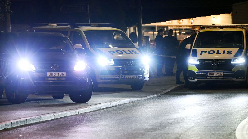 Police guard outside the Israeli embassy in Stockholm, Sweden, Tuesday, Oct. 1, 2024, after a suspected shooting near the embassy. (Anders Wiklund/TT News Agency via AP)