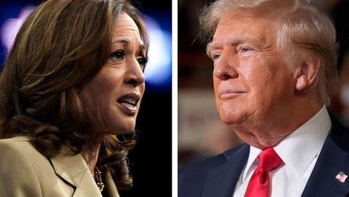 This week, Democratic Vice President Kamala Harris (left) and affiliated political action committees spent $3.4 million more than former President Donald Trump and his supporters on ads across television, radio and digital markets, according to an Atlanta Journal-Constitution analysis of data from the ad tracking firm AdImpact. (AP Photos)