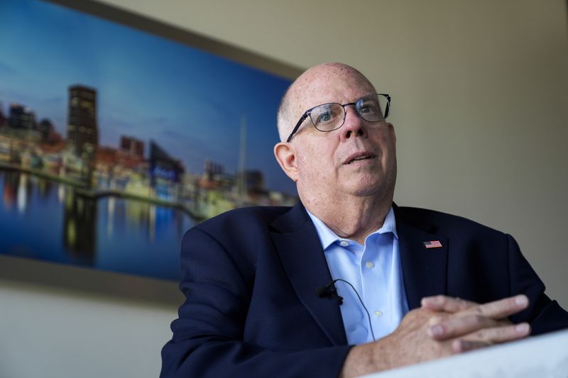 Former Maryland Gov. Larry Hogan speaks during an interview with the Associated Press, Tuesday, Aug. 27, 2024, in Annapolis, Md. (AP Photo/Stephanie Scarbrough)