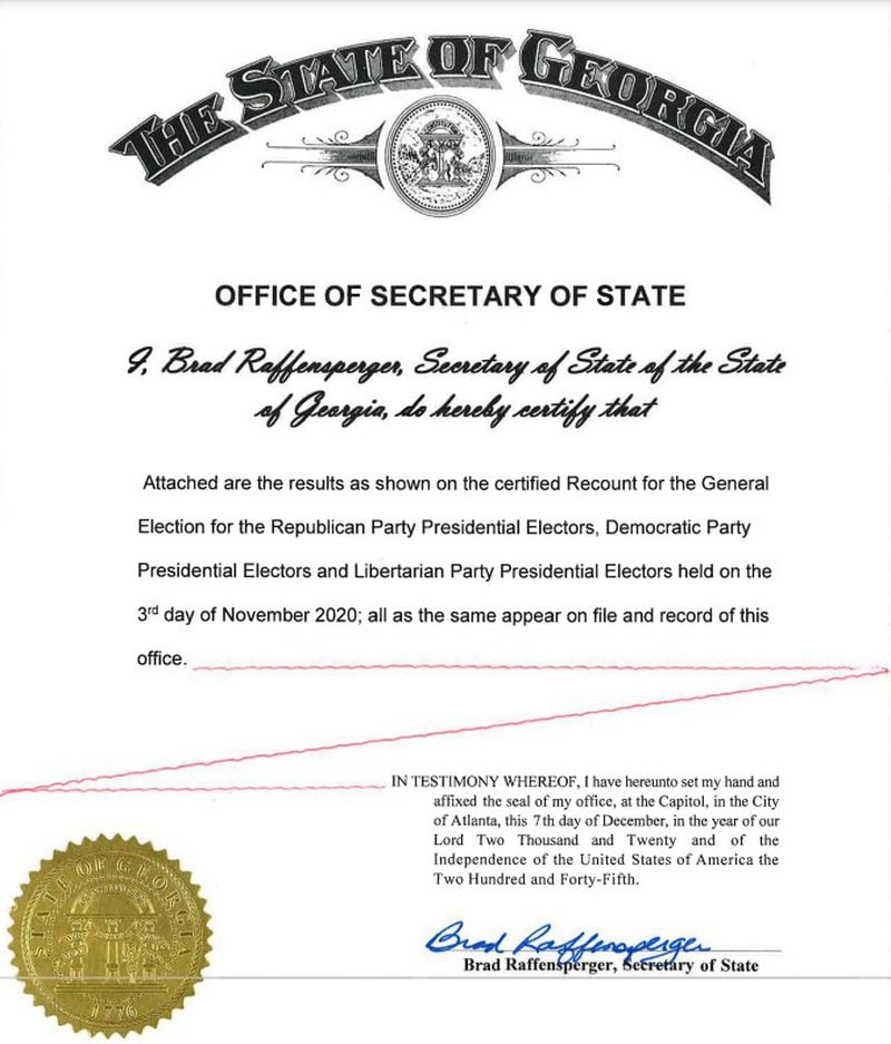 Georgia Secretary of State Brad Raffensperger certified the results of the 2020 presidential election. Those results had previously been certified by every county's election board.