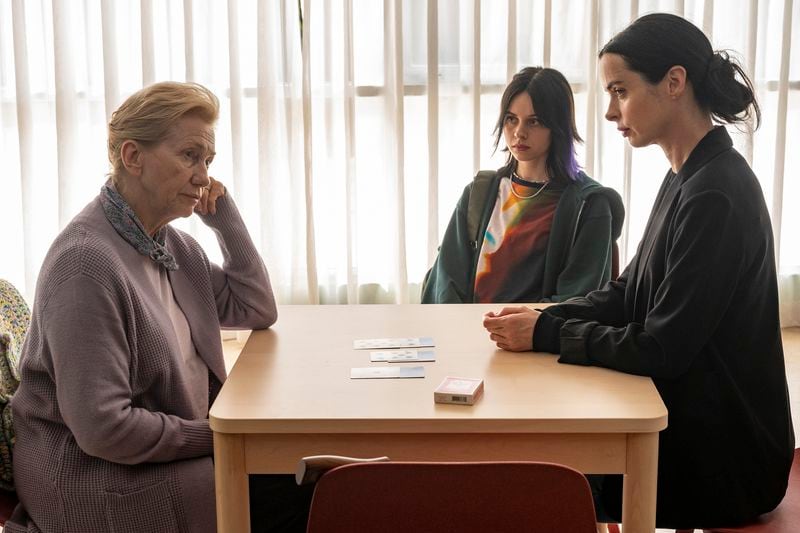 This image released by AMC+ shows Kathy Baker, from left, Amanda Fix and Krysten Ritter in a scene from "Orphan Black: Echoes." (Sophie Giraud/AMC via AP)