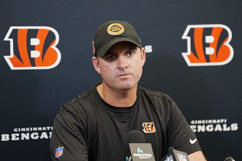 Cincinnati Bengals head coach Zac Taylor speaks during a news conference after a an NFL football game against the Carolina Panthers, Sunday, Sept. 29, 2024, in Charlotte, N.C. (AP Photo/Rusty Jones)