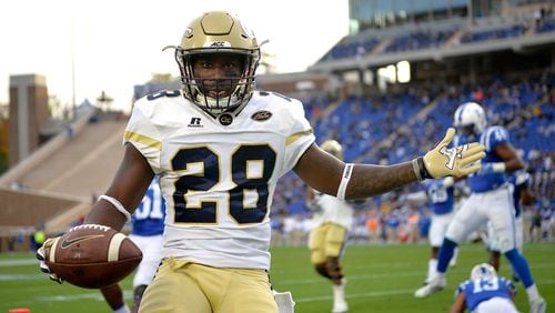 DURHAM, NC - NOVEMBER 18:  J.J. Green #28 of the Georgia Tech Yellow Jackets reacts after scoring a touchdown against the Duke Blue Devils during their game at Wallace Wade Stadium on November 18, 2017 in Durham, North Carolina.  (Photo by Grant Halverson/Getty Images)